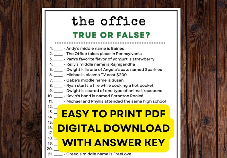 The Office Trivia True or False Game PDF Instant Digital Printable Game