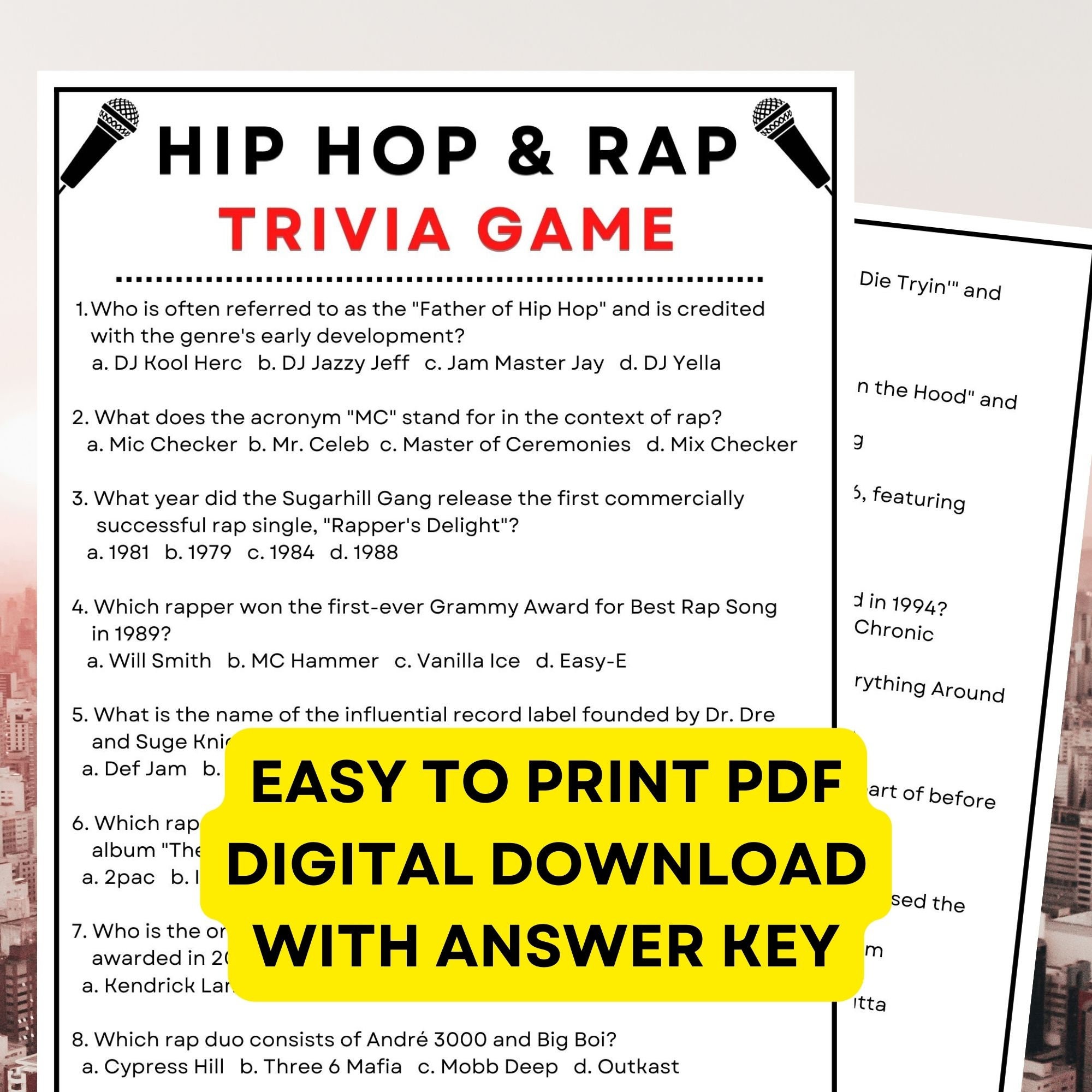 Hip Hop and Rap Trivia Game! PDF Digital Instant at home Download with answer key