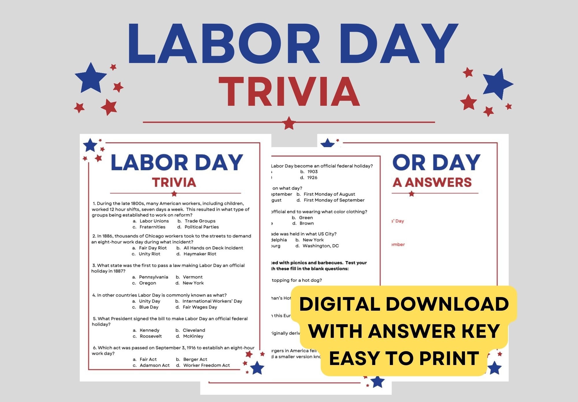 Labor Day Trivia and Answer Key Instant Digital Download PDF Etsy