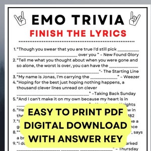 Emo Music Game  - Finish the Lyrics! PDF Instant Printable Game with Answer Key