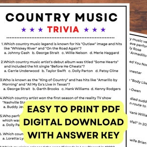 Countrymuziektriviaspel! Digitaal PDF direct afdrukbaar trivia-spel met antwoordsleutel