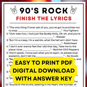 90s Rock Music Game Finish the Lyrics! Digital PDF Instant Printable Trivia Game with Answer Key