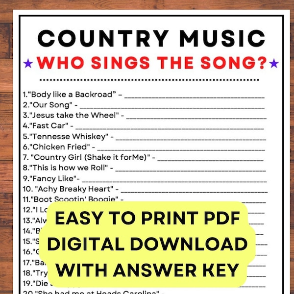 Country Music Who Sings the Song Game! Digital PDF Instant Printable Trivia Game with Answer Key