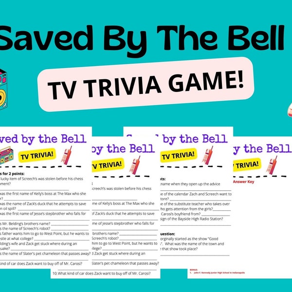 Saved by the Bell TV Trivia Game!  PDF Digital Download with 25 questions, 1 bonus, and answer key!