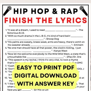 Hip Hop and Rap Finish the Lyrics Game! PDF Digital Instant at home Download with answer key
