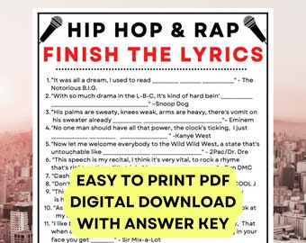 Hip Hop and Rap Finish the Lyrics Game! PDF Digital Instant at home Download with answer key