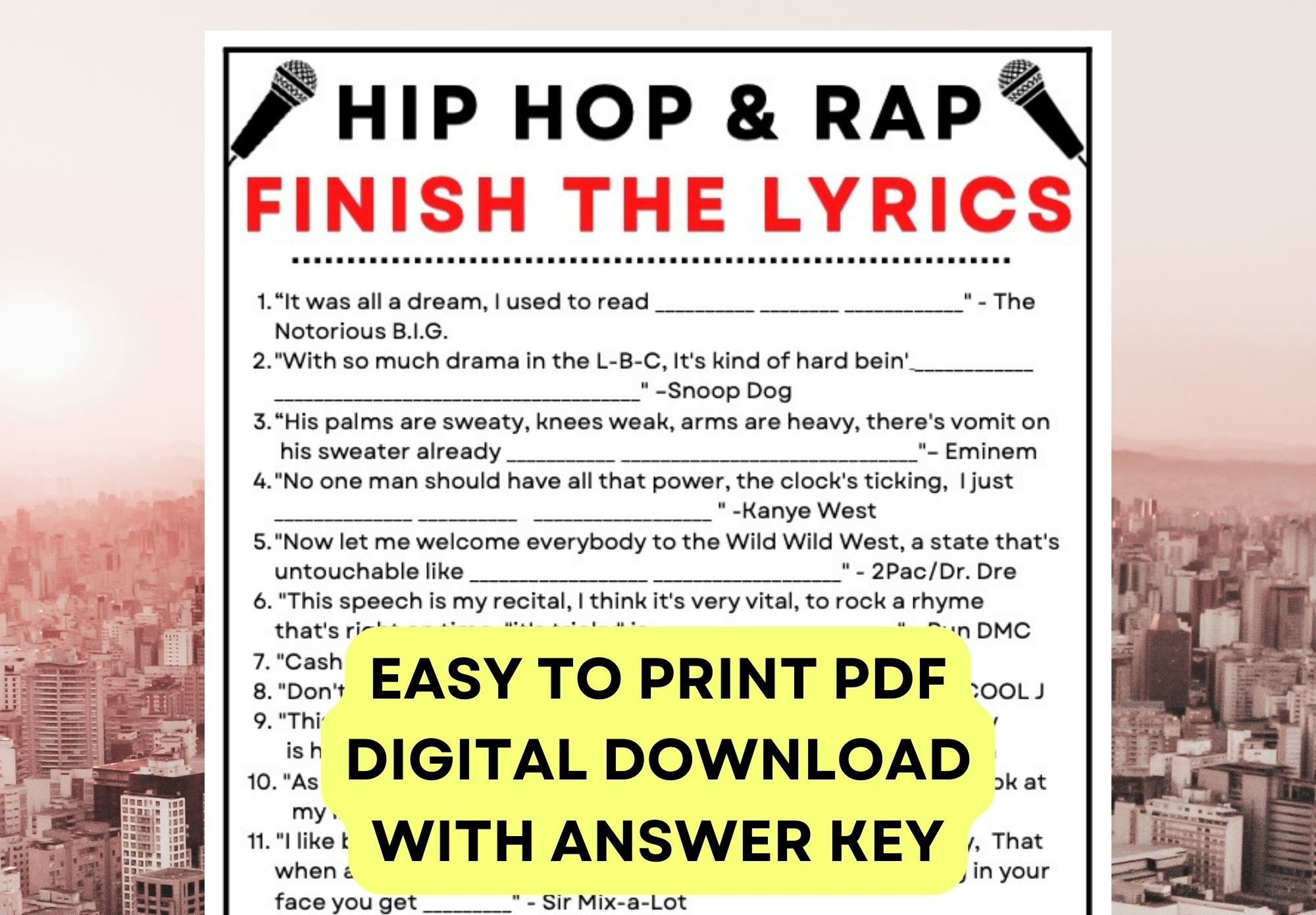 Hip Hop and Rap Finish the Lyrics Game! PDF Digital Instant at home  Download with answer key, image size:2000x1391