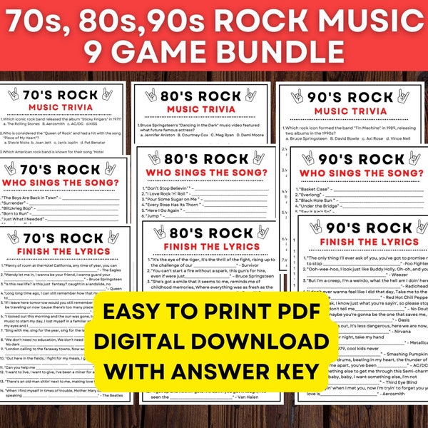 Ultimate Rock Music Bundle - 70s, 80s, 90s, classic rock trivia, finish the lyrics, who sang it. PDF Digital Download Instant
