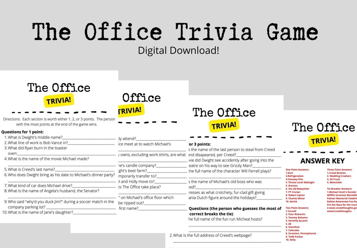 The Office Trivia Game 4 Pages, 3 Rounds, 25 Questions, 2 Bonus Questions, Answer Key. Printable