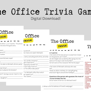 The Office Trivia Game - 4 pages, 3 Rounds, 25 Questions, 2 Bonus Questions, Answer Key. Printable.