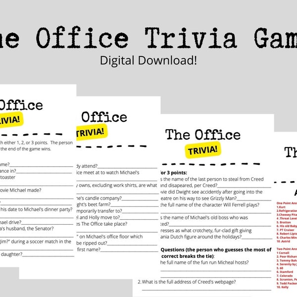 The Office Trivia Game - 4 pages, 3 Rounds, 25 Questions, 2 Bonus Questions, Answer Key. Printable.