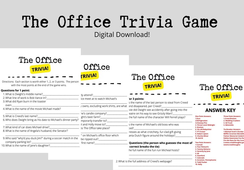 The Office Trivia Game - 4 Pages, 3 Rounds, 25 Questions, 2 Bonus Questions, Answer Key ...