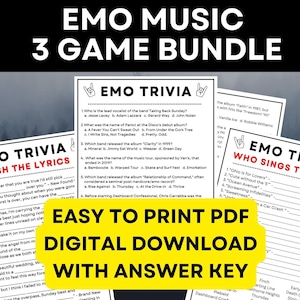 May include: A printable PDF download of three emo music trivia games. The games are titled "Emo Trivia: Finish the Lyrics", "Emo Trivia", and "Emo Trivia: Who Sings the Song?" Each game has a black and white design with a red and white rock and roll hand symbol. The text "Easy to Print PDF Digital Download with Answer Key" is in yellow on a black background.