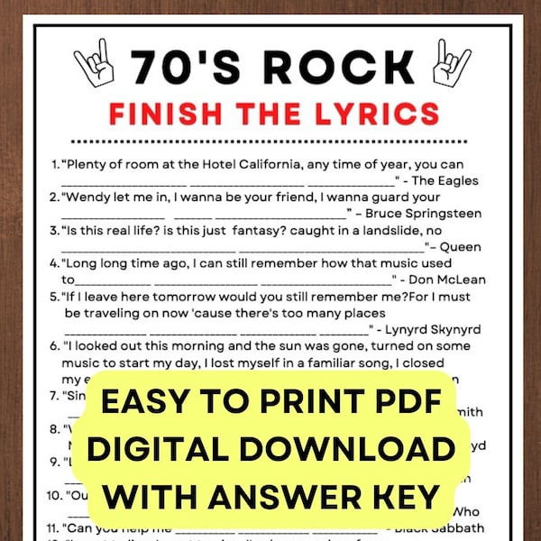 70s Rock Finish The Lyrics Game! Digital PDF Instant Printable Trivia Game with Answer Key