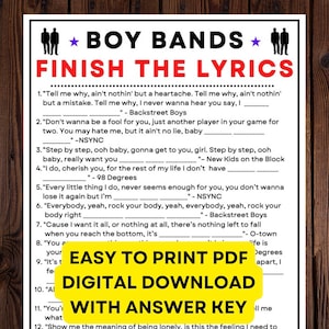 Boybands beenden das Lyrics-Spiel! Digitales PDF Sofort druckbares Quizspiel mit Antwortschlüssel