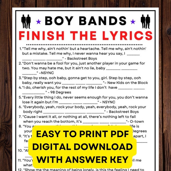 Boy Bands Finish The Lyrics Game! Digital PDF Instant Printable Trivia Game with Answer Key