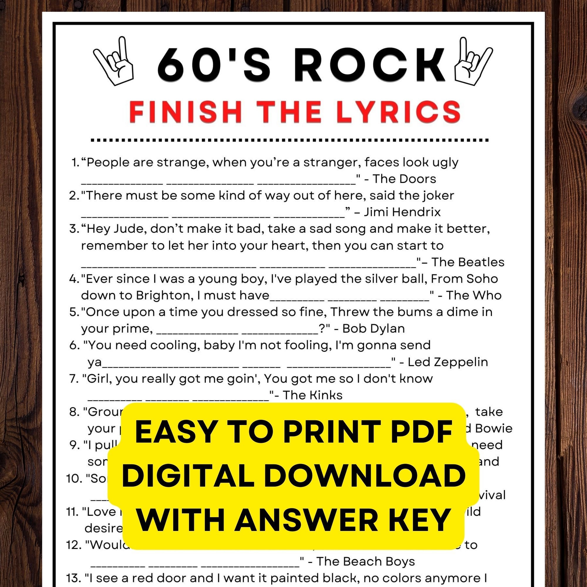 60s Rock Game Finish the Lyrics? Digital PDF Instant Printable Trivia Game with Answer Key