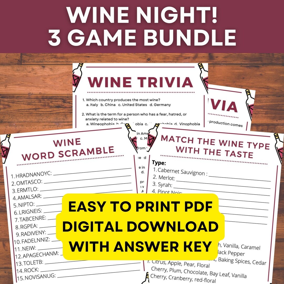 Wine Night Games Bundle! Wine Trivia, Word Search, Word Scramble ...