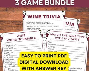 Wine Night Games Bundle! Wine Trivia, Word Search, Word Scramble, Matching.  Printable, PDF Download!