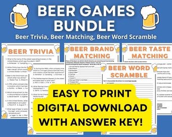 Beer Games Bundle! Digital Download includes Beer Trivia, Beer Brand Matching, Beer Taste Matching, and Beer Word Scramble.  PDF Download