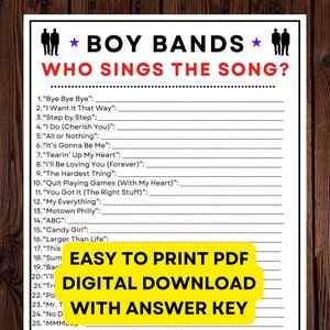 Boy Bands - Jogo de quem canta a música! Digital Instant Download PDF Imprimir em casa!