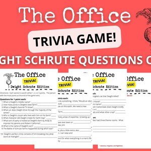 The Office Trivia Game - Dwight Schrute Edition!  4 pages, 3 rounds, 25 questions plus bonus.  Digital Printable PDF Instant Download.