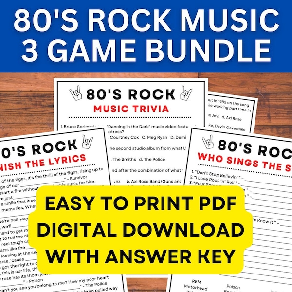 80s Rock Music 3 Game Bundle! Digital PDF Instant Printable Trivia Game with Answer Key