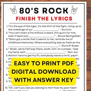 80s Rock Music Game Finish the Lyrics! Digital PDF Instant Printable Trivia Game with Answer Key