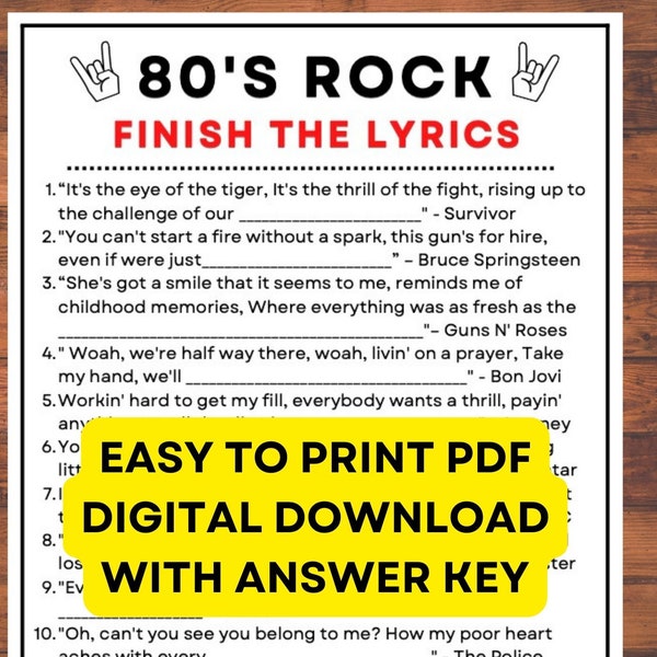 80s Rock Music Game Finish the Lyrics! Digital PDF Instant Printable Trivia Game with Answer Key