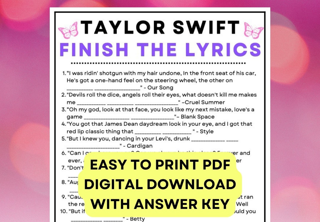 Taylor Swift Finish the Lyrics Game PDF Digital Instant at Home