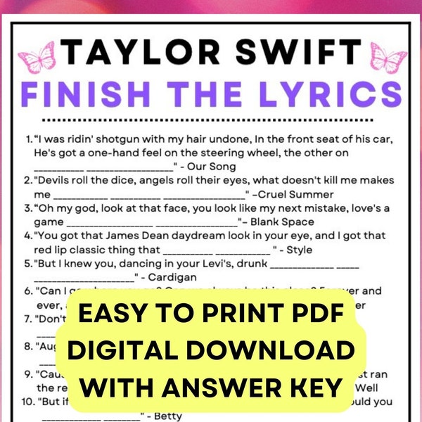 Taylor Swift Finish the Lyrics Game! PDF Digital Instant at home Download with answer key