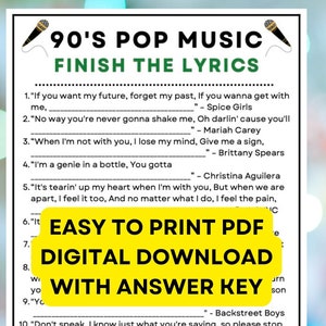 90s Pop Music Game Finish the Lyrics! PDF Instant Printable Game with Answer Key
