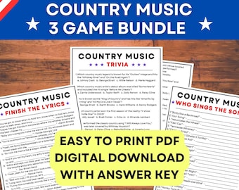 Country Music 3 Game Bundle! Country Trivia, Finish the Lyrics, and Who Sings the Song!  PDF Instant Printable Digital Game with Answer Key