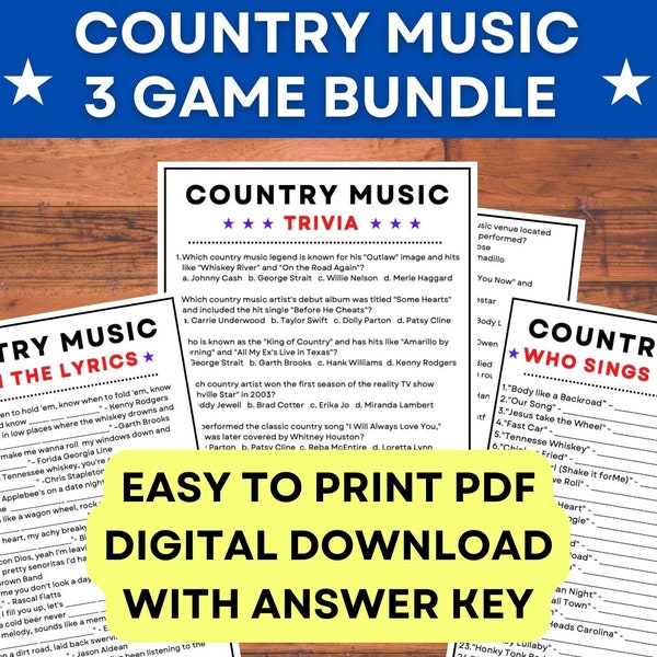 Country Music 3 Game Bundle! Country Trivia, Finish the Lyrics, and Who Sings the Song!  PDF Instant Printable Digital Game with Answer Key