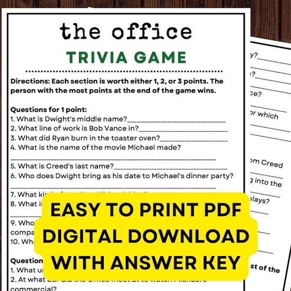 The Office Trivia Game! PDF Instant Digital Print at Home Game with 27 fill in the blank questions!