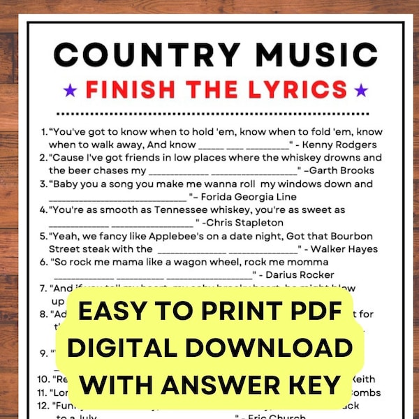 Country Music Finish the Lyrics Game!  Digital PDF Instant Printable Trivia Game with Answer Key