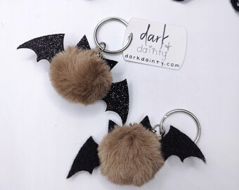 Mini Fuzzy Brown Bat Keychain 3"x1" Purse Charm - Gothic Witchy Accessory