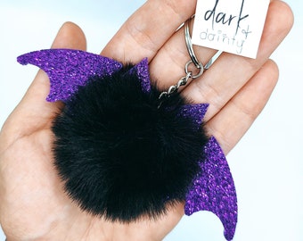 Glitter Bat Keychain: Fuzzy Goth Halloween Accessory