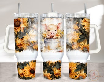 40oz Pig Tumbler Wrap Sublimation PNG, Sunflower 40oz Tumbler PNG, 40oz Sublimation Design, Sunflowers PNG Tumbler Design Download