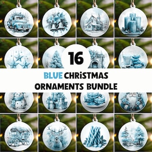 Bundle bleu rond d'ornement de Noël PNG, designs d'ornement de sublimation, lot de sublimation de boules de Noël