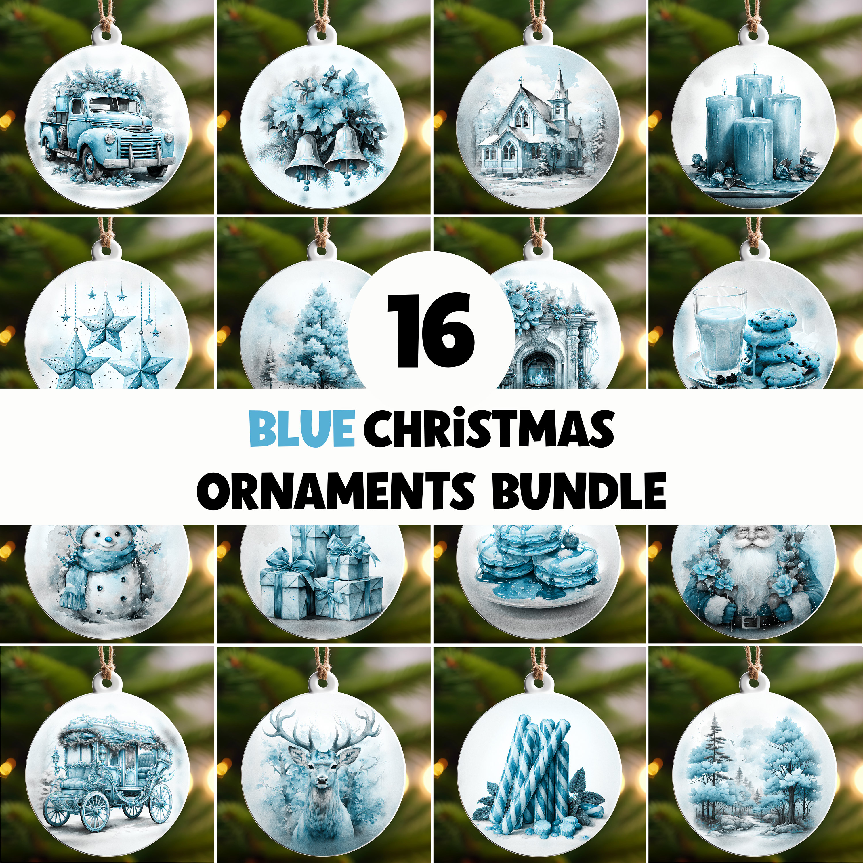 Niebieskie świąteczne okrągłe ozdoby PNG pakiet, wzory ozdób sublimacyjnych, pakiet ozdób świątecznych sublimacyjnych