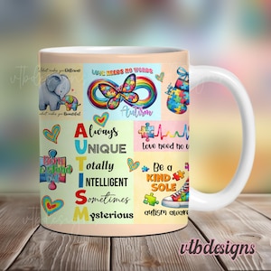 Autisme koffiemok wrap PNG, mok sublimatie ontwerpen, 11 oz mokomslag, 15 oz mokomslag, autisme mok sjabloon voor sublimatie, digitale download