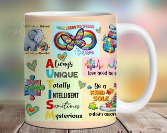 Envoltura para taza de café con autismo PNG, diseños de sublimación de tazas, envoltura para taza de 11 oz, envoltura para taza de 15 oz, plantilla de taza con autismo para sublimación, descarga digital