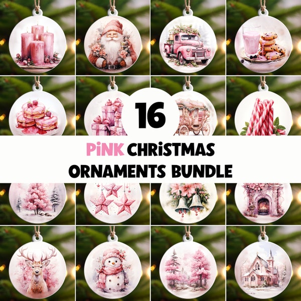 Pink Christmas Round Ornament PNG Bundle, Sublimation Ornament Designs, Christmas Ornaments Sublimation Bundle