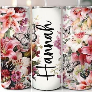 Ajoutez votre propre texte Floral Tumbler Wrap PNG, 20 oz Skinny Tumbler Sublimation Designs, Ajoutez le nom de la conception de gobelet, Lily Tumbler en téléchargement numérique
