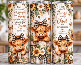 Highland Cow Bible Verse Tumbler Wrap PNG, Christian 20oz Skinny Tumbler Sublimation Design, Floral Cow Faith Digital Download