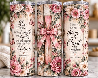 Bible Verse Tumbler Wrap PNG, Christian 20oz Skinny Tumbler Sublimation Design, Floral Cross Wrap, Pink Faith Tumbler Digital Download