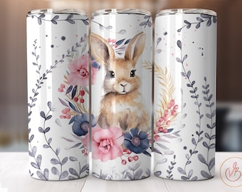 Bunny Tumbler Wrap PNG 20 oz Skinny Tumbler Sublimation Designs Digital Download, Watercolor Cute Animals Tumbler Design PNG