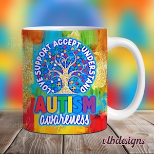 Autisme koffiemok wrap PNG, mok sublimatie ontwerpen, 11 oz mokomslag, 15 oz mokomslag, autisme mok sjabloon voor sublimatie, digitale download