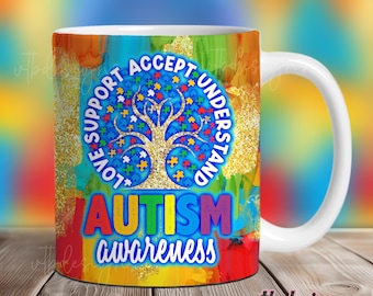 Envoltura para taza de café con autismo PNG, diseños de sublimación de tazas, envoltura para taza de 11 oz, envoltura para taza de 15 oz, plantilla de taza con autismo para sublimación, descarga digital